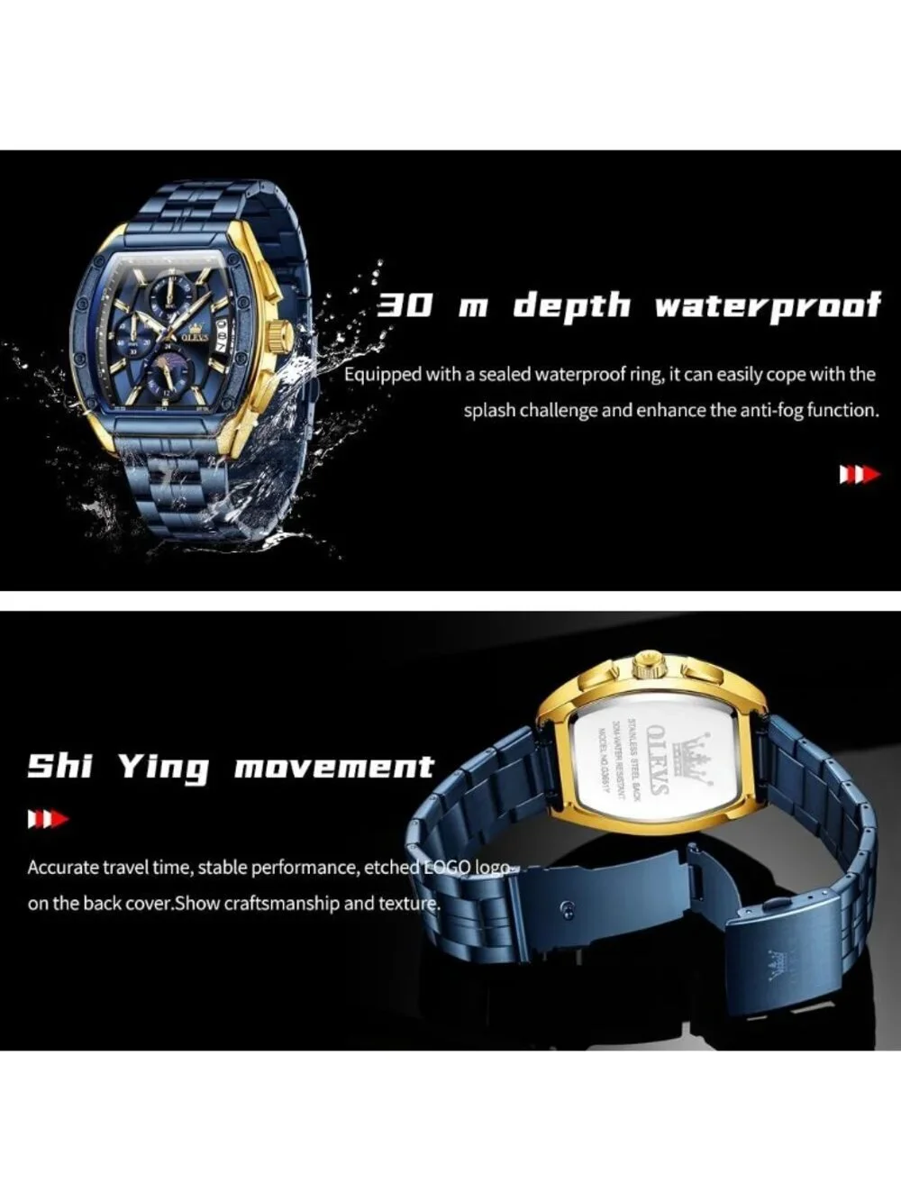 Men's Blue Chronograph Rectangle Stainless Steel Luminous Quartz Classic Watch